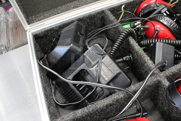 ALL ONE MONEY! Lot of 2 Motorola Radius GP300 Radios, 2 Chargers and 3 Red Headphones in Black Metal Box! 24x19x8 - Image 5 of 7