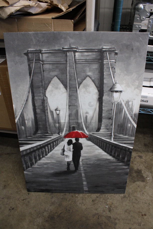 Painting of Couple on Bridge w/ Red Umbrella. 24x1x36