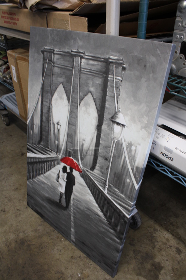 Painting of Couple on Bridge w/ Red Umbrella. 24x1x36 - Image 2 of 3