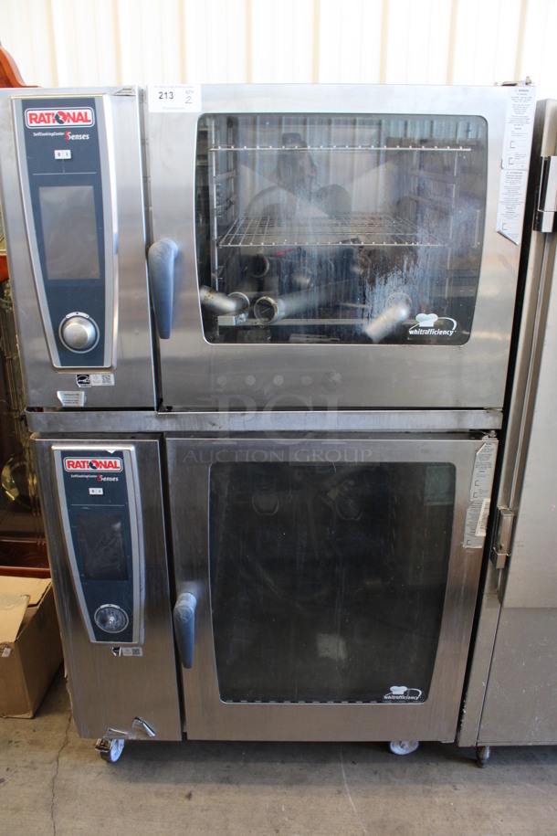 2 Rational Stainless Steel Commercial Combitherm Self Cooking Center Convection Ovens on Commercial Casters. Top Model: SCC WE 62. Bottom Model: SCC WE 102. 480 Volts, 3 Phase. 42x41x73. 2 Times Your Bid!