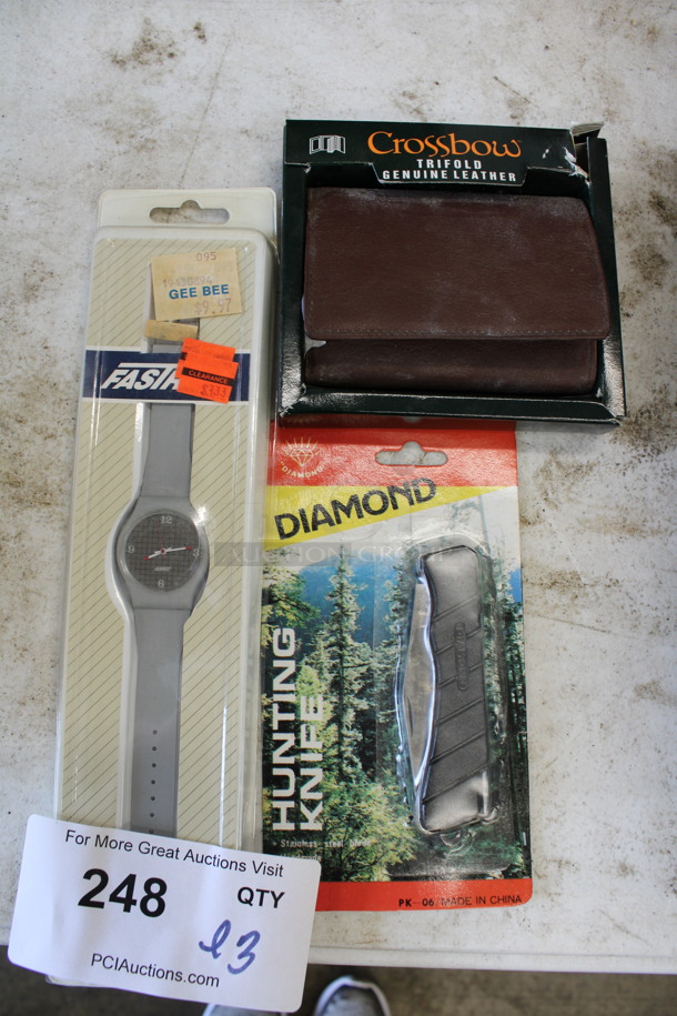 ALL ONE MONEY! Lot of 3 BRAND NEW Items; Crossbow Leather Wallet, Diamond Pocket Knife and Watch!