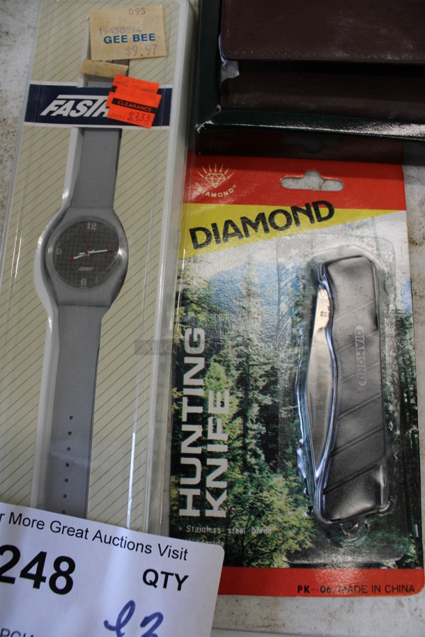 ALL ONE MONEY! Lot of 3 BRAND NEW Items; Crossbow Leather Wallet, Diamond Pocket Knife and Watch! - Image 2 of 3