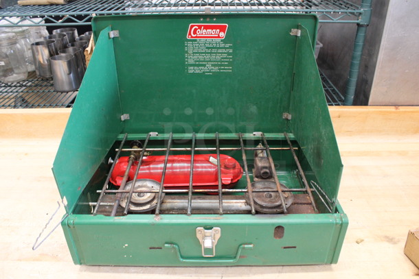 IN ORIGINAL BOX! Coleman Green Metal Countertop 2 Burner Camping Range. 12x18x5