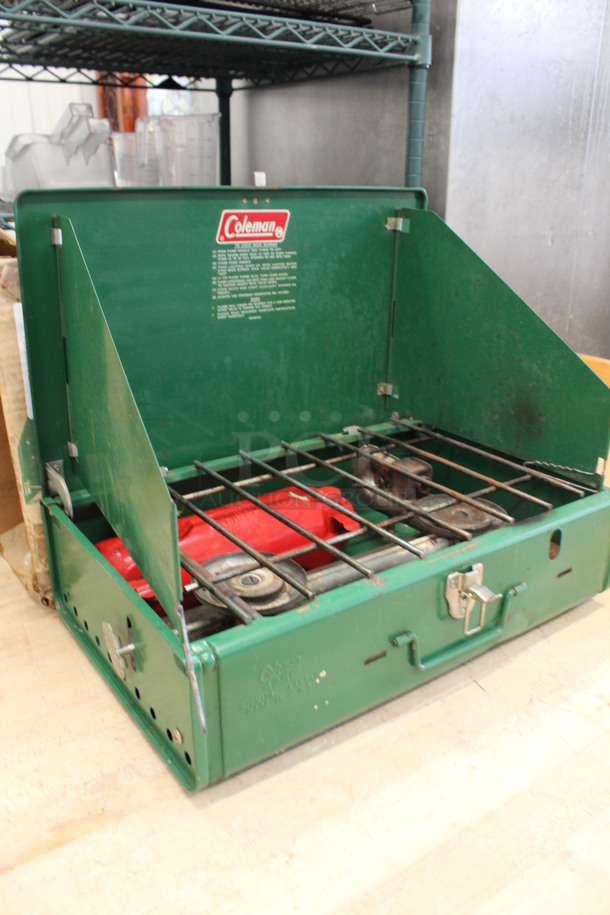 IN ORIGINAL BOX! Coleman Green Metal Countertop 2 Burner Camping Range. 12x18x5 - Image 3 of 6