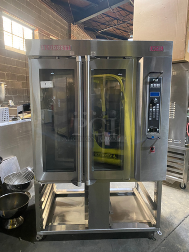 GORGEOUS! Blodgett XCEL Commercial Gas Powered Mini Rotating Rack Convection Oven! With View Through Doors! With Pan Rack Underneath! All Stainless Steel! Model XR8! On Commercial Casters! Working When Removed!