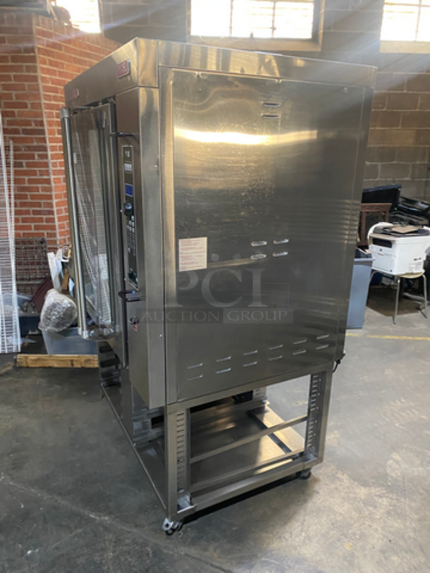 GORGEOUS! Blodgett XCEL Commercial Gas Powered Mini Rotating Rack Convection Oven! With View Through Doors! With Pan Rack Underneath! All Stainless Steel! Model XR8! On Commercial Casters! Working When Removed! - Image 3 of 8