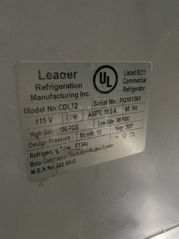 2007 Leader Commercial Refrigerated Bakery/Deli Case! With Curved Front Glass! With 2 Sliding Rear Access Doors! All Stainless Steel Body! Model CDL72 Serial PQ101363! 115V 1Phase!  - Image 7 of 9