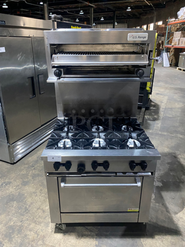 GREAT! Sunfire Commercial Natural Gas Powered 6 Burner Stove! With Raised Backsplash & US Range Cheese Melter/Salamander Overhead! With Full Size Oven Underneath! All Stainless Steel! On Casters!