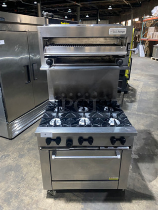 GREAT! Sunfire Commercial Natural Gas Powered 6 Burner Stove! With Raised Backsplash & US Range Cheese Melter/Salamander Overhead! With Full Size Oven Underneath! All Stainless Steel! On Casters!