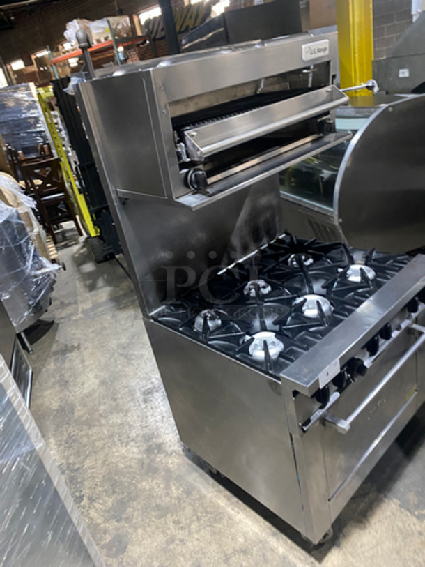 GREAT! Sunfire Commercial Natural Gas Powered 6 Burner Stove! With Raised Backsplash & US Range Cheese Melter/Salamander Overhead! With Full Size Oven Underneath! All Stainless Steel! On Casters! - Image 2 of 11