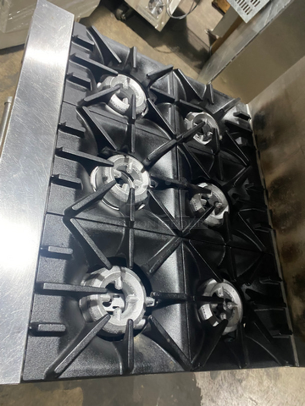 GREAT! Sunfire Commercial Natural Gas Powered 6 Burner Stove! With Raised Backsplash & US Range Cheese Melter/Salamander Overhead! With Full Size Oven Underneath! All Stainless Steel! On Casters! - Image 5 of 11