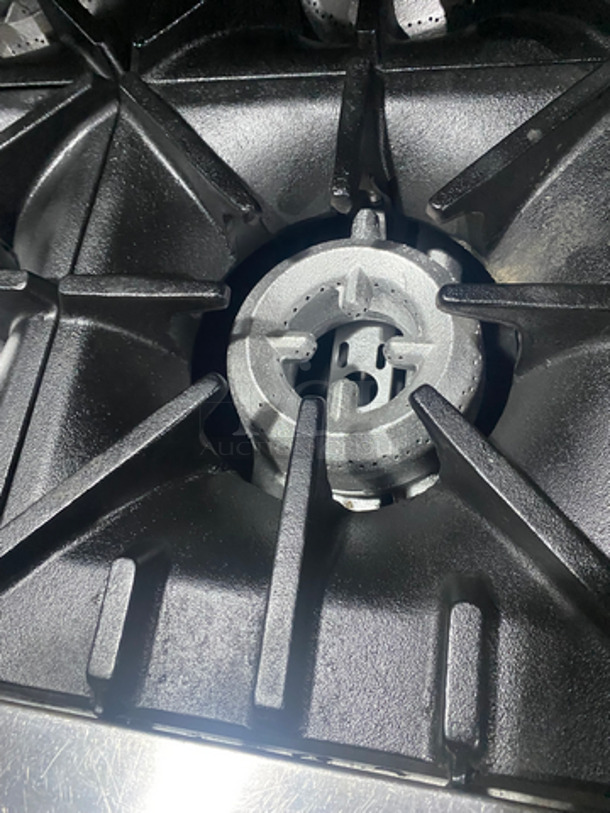 GREAT! Sunfire Commercial Natural Gas Powered 6 Burner Stove! With Raised Backsplash & US Range Cheese Melter/Salamander Overhead! With Full Size Oven Underneath! All Stainless Steel! On Casters! - Image 6 of 11