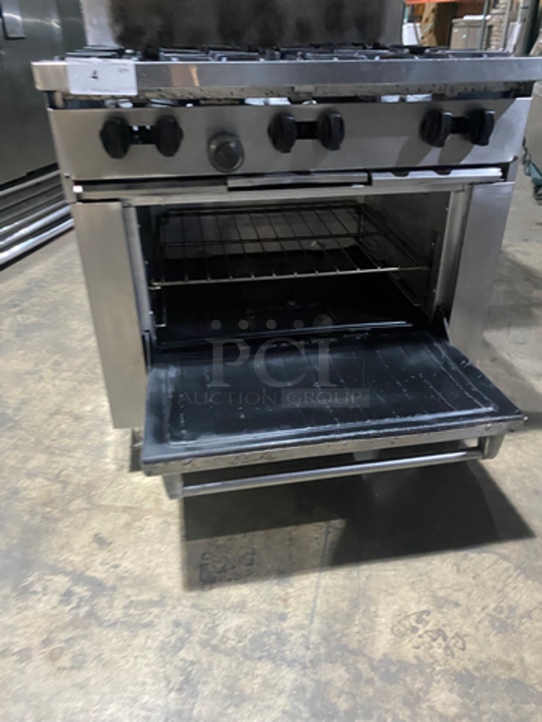 GREAT! Sunfire Commercial Natural Gas Powered 6 Burner Stove! With Raised Backsplash & US Range Cheese Melter/Salamander Overhead! With Full Size Oven Underneath! All Stainless Steel! On Casters! - Image 7 of 11