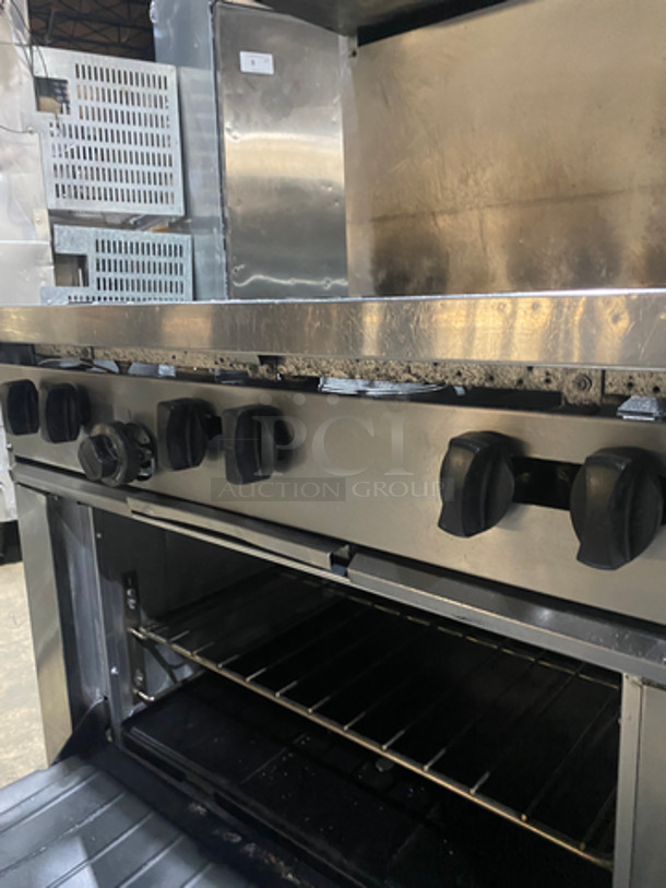 GREAT! Sunfire Commercial Natural Gas Powered 6 Burner Stove! With Raised Backsplash & US Range Cheese Melter/Salamander Overhead! With Full Size Oven Underneath! All Stainless Steel! On Casters! - Image 9 of 11