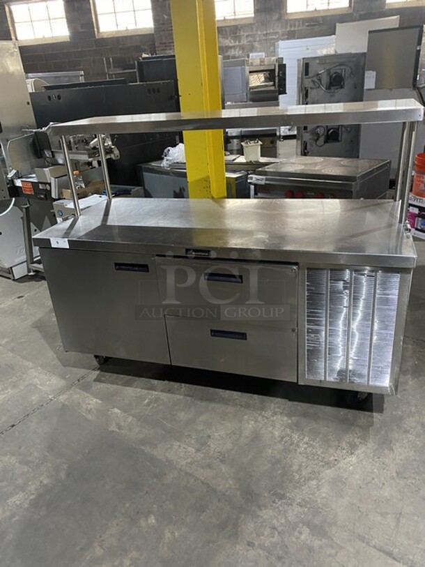 Delfield Refrigerated Lowboy/Worktop! With 2 Draws & One Door! With Over Head Stainless Steel Shelf! 115V 1 Phase! On Casters!  - Image 1 of 7