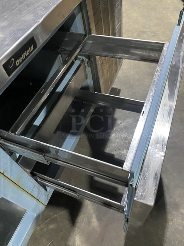 Delfield Refrigerated Lowboy/Worktop! With 2 Draws & One Door! With Over Head Stainless Steel Shelf! 115V 1 Phase! On Casters!  - Image 6 of 7