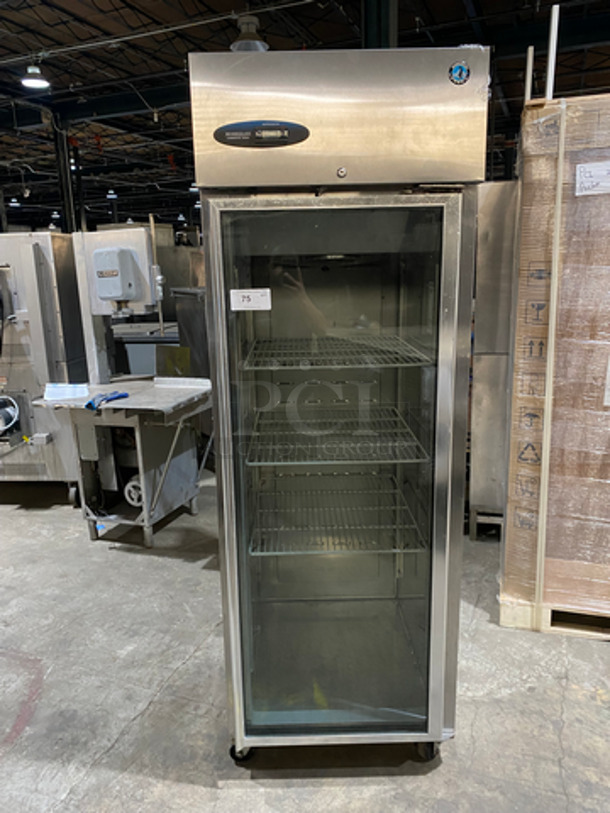 Hoshizaki Commercial Single Door Reach In Cooler Merchandiser! All Stainless Steel! With 3 Poly Coated Racks! On Casters! Model CR1S-FGECR