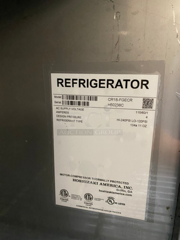 Hoshizaki Commercial Single Door Reach In Cooler Merchandiser! All Stainless Steel! With 3 Poly Coated Racks! On Casters! Model CR1S-FGECR - Image 6 of 9