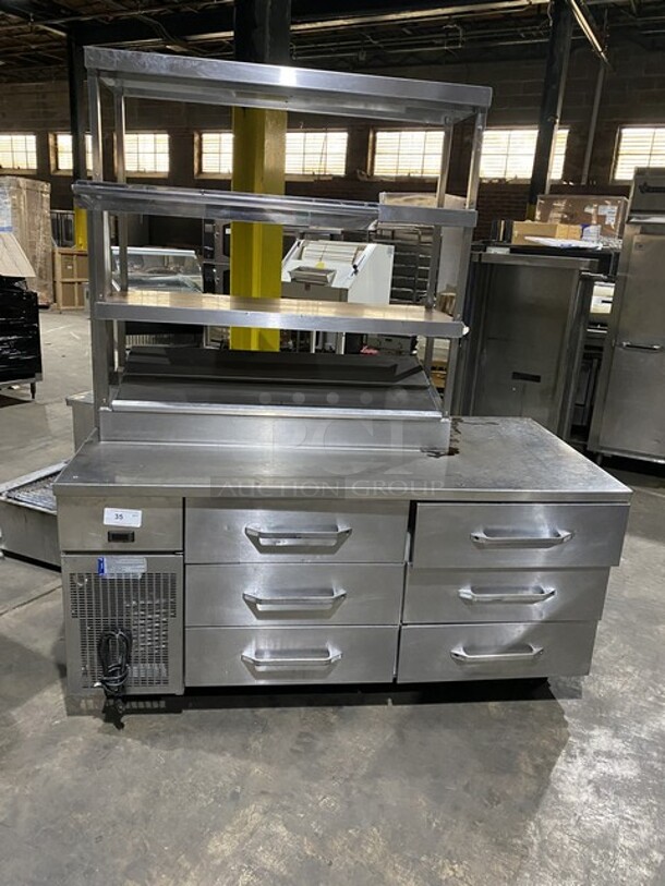 Randell All Stainless Steel Refrigerated 6 Drawer Sandwich Prep Table/Bain Marie! With Open Work Space! With 6 Pull Out Refrigerated Draws! With Triple Overhead Shelf!  115V 1 Phase! On Casters! 