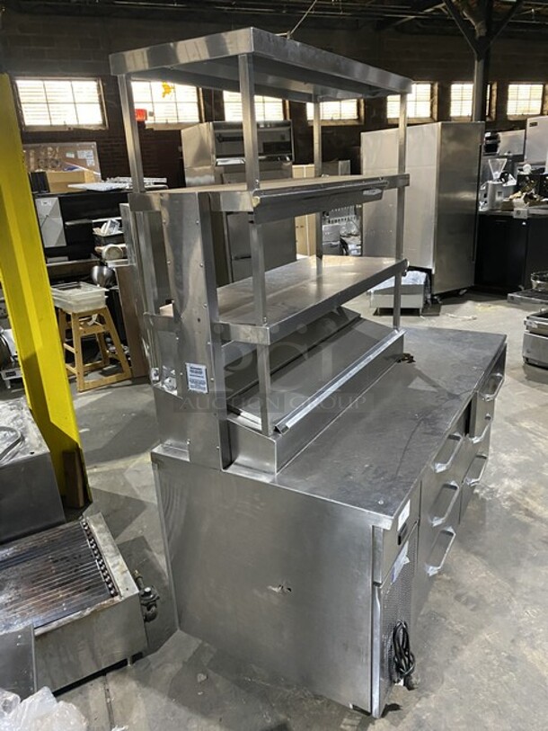 Randell All Stainless Steel Refrigerated 6 Drawer Sandwich Prep Table/Bain Marie! With Open Work Space! With 6 Pull Out Refrigerated Draws! With Triple Overhead Shelf!  115V 1 Phase! On Casters!  - Image 2 of 8