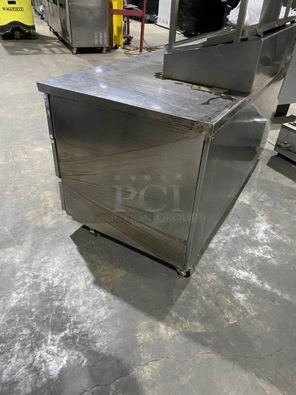 Randell All Stainless Steel Refrigerated 6 Drawer Sandwich Prep Table/Bain Marie! With Open Work Space! With 6 Pull Out Refrigerated Draws! With Triple Overhead Shelf!  115V 1 Phase! On Casters!  - Image 4 of 8