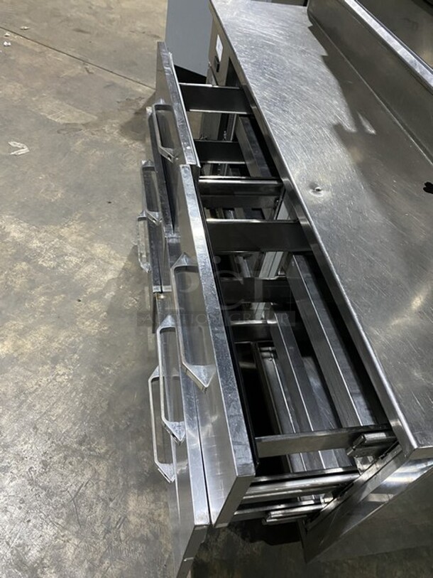 Randell All Stainless Steel Refrigerated 6 Drawer Sandwich Prep Table/Bain Marie! With Open Work Space! With 6 Pull Out Refrigerated Draws! With Triple Overhead Shelf!  115V 1 Phase! On Casters!  - Image 5 of 8