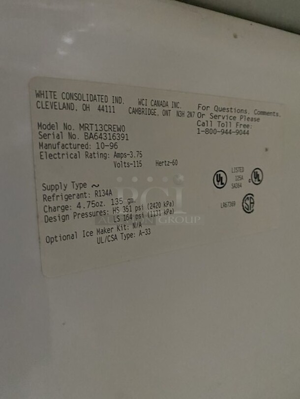 WCI Refrigerator/Freezer Combo! Model MRT13CREWO Serial BA64316391! 115V 1 Phase!  - Image 8 of 8