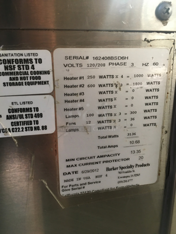 Nice! Barker 2012 Enclosed Electric Powered Steam Table Showcase Merchandiser! With Sliding Back Doors For Serving! Serial 162408BSD6H! 208V 3 Phase!  - Image 8 of 11