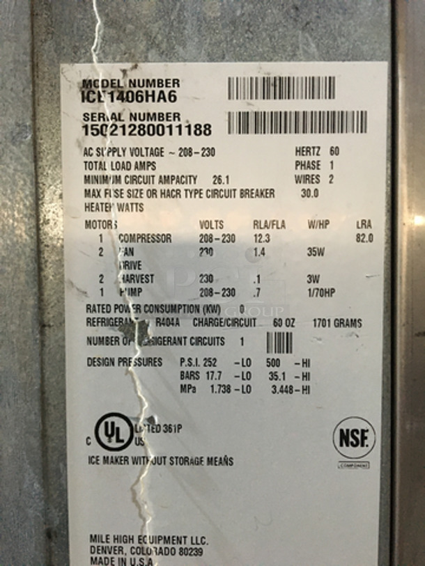 Sweet! Ice-O-Matic AIR COOLED 1500 LbS Ice Machine! On Ice-O-Matic Bin! Model ICE1406HA6 Serial 15021280011188! 208/230V 1 Phase! On Legs! 2 X Your Bid Makes One Unit!  - Image 6 of 7