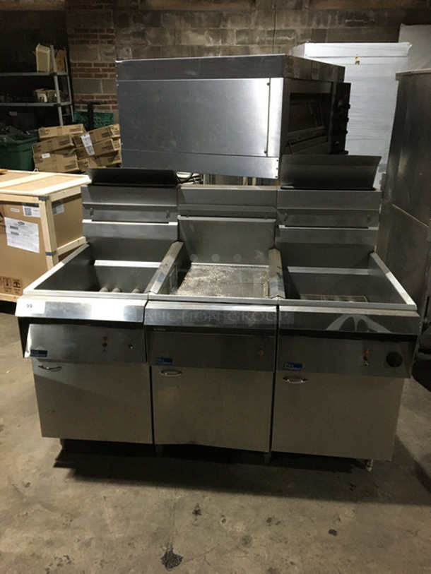 Pitco Frialator 2 Natural Gas Powered 75 LBS Deep Fat Fryers! With Dump Station! All Stainless Steel! All 3 On Legs!