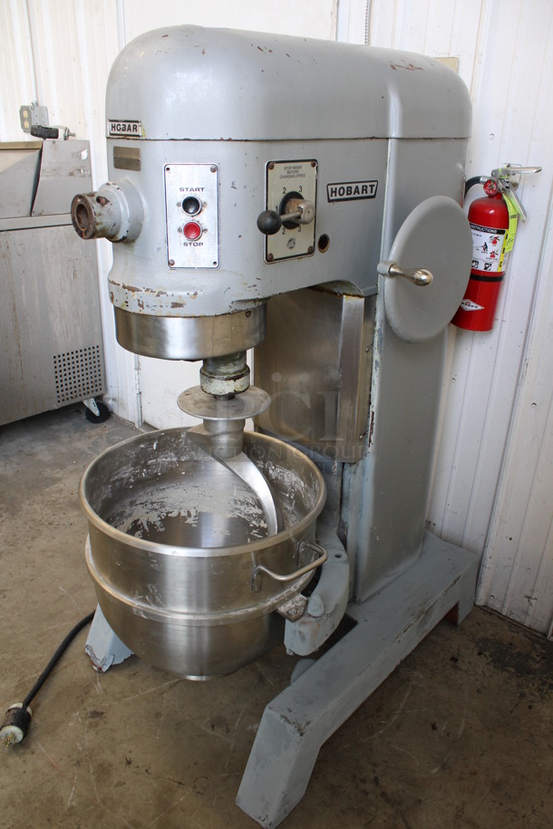 Hobart Model H-600 Metal Commercial Floor Style 60 Quart Planetary Mixer w/ Stainless Steel Mixing Bowl and Dough Hook Attachment. 230 Volts, 3 Phase. 29x40x56