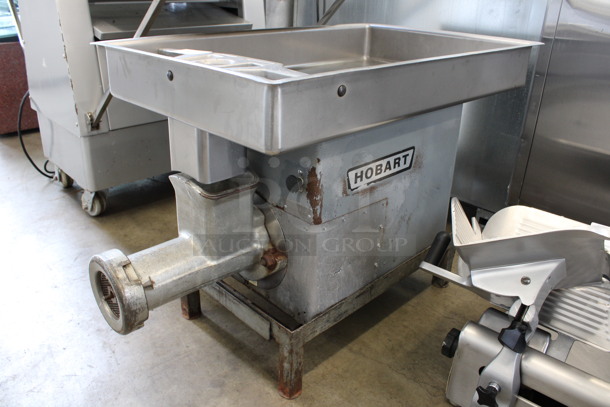 Hobart Model 4732 Metal Commercial Countertop Meat Grinder on Stand w/ Tray. 200 Volts, 3 Phase. 23x40x27