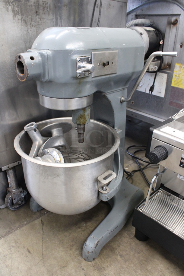 Hobart Model A-200 Metal Commercial Countertop 20 Quart Planetary Mixer w/ Stainless Steel Mixing Bowl, Whisk, Paddle and Dough Hook Attachments. 115 Volts, 1 Phase. 16x19x31. Tested and Working!