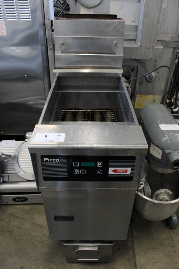 Pitco Frialator Model SFSSH55 Stainless Steel Commercial Floor Style Natural Gas Powered Deep Fat Fryer w/ Filtration System on Commercial Casters. 80,000 BTU. 16x34x49