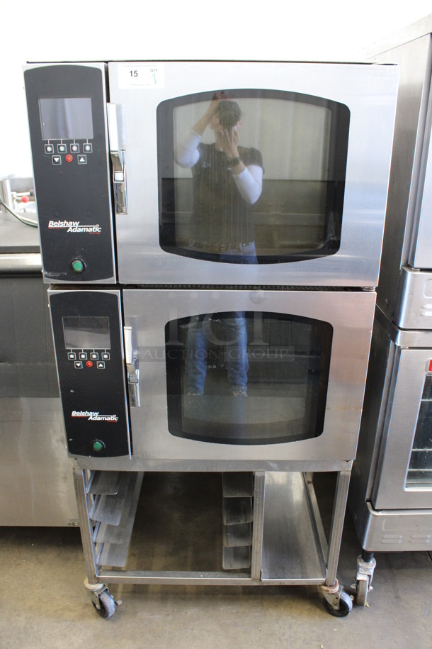 2 Adamatic Mono Model FG189-UZ84 Stainless Steel Commercial Electric Powered Convection Ovens w/ View Through Door and Pan Rack on Commercial Casters. 208/220 Volts, 3 Phase. 33x44x68. 2 Times Your Bid!