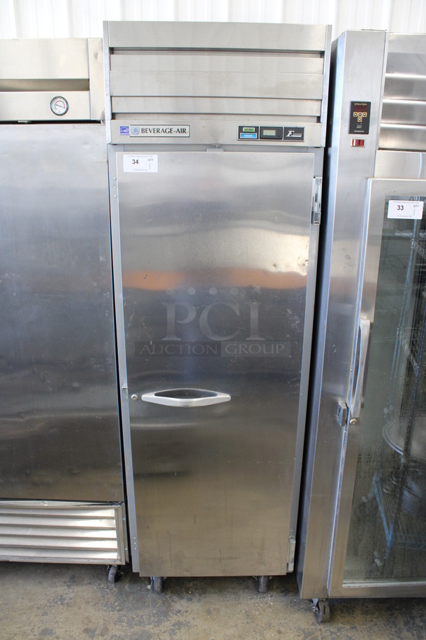 Beverage Air Model EF24-1AS E Series Stainless Steel Commercial Single Door Reach In Freezer on Commercial Casters. 115 Volts, 1 Phase. 26x30x85. Tested and Powers On But Does Not Get Cold