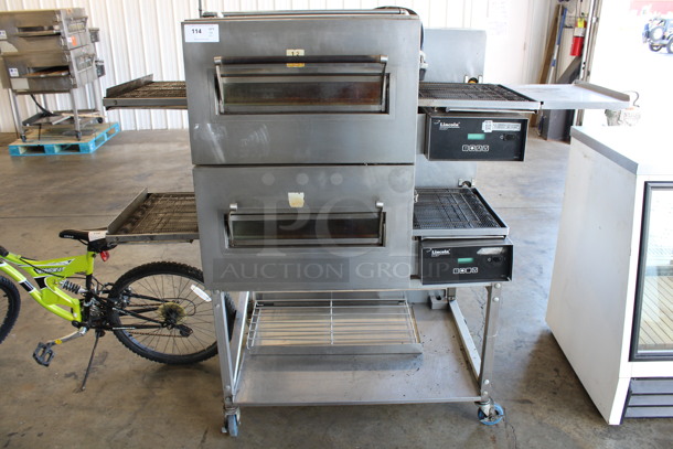 2 Lincoln Impinger Stainless Steel Commercial Electric Powered Conveyor Pizza Ovens on Commercial Casters. 208-250 Volts, 3 Phase. 69x40x62. 2 Times Your Bid!