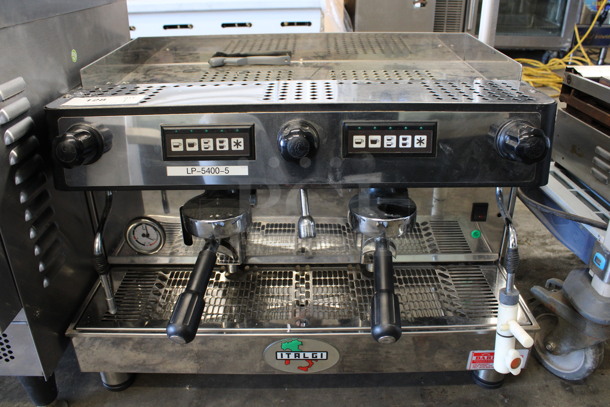 Italgi Stainless Steel Commercial Countertop 2 Group Espresso Machine w/ 2 Portafilters and 2 Steam Wands. 125 Volts. 27x21x19