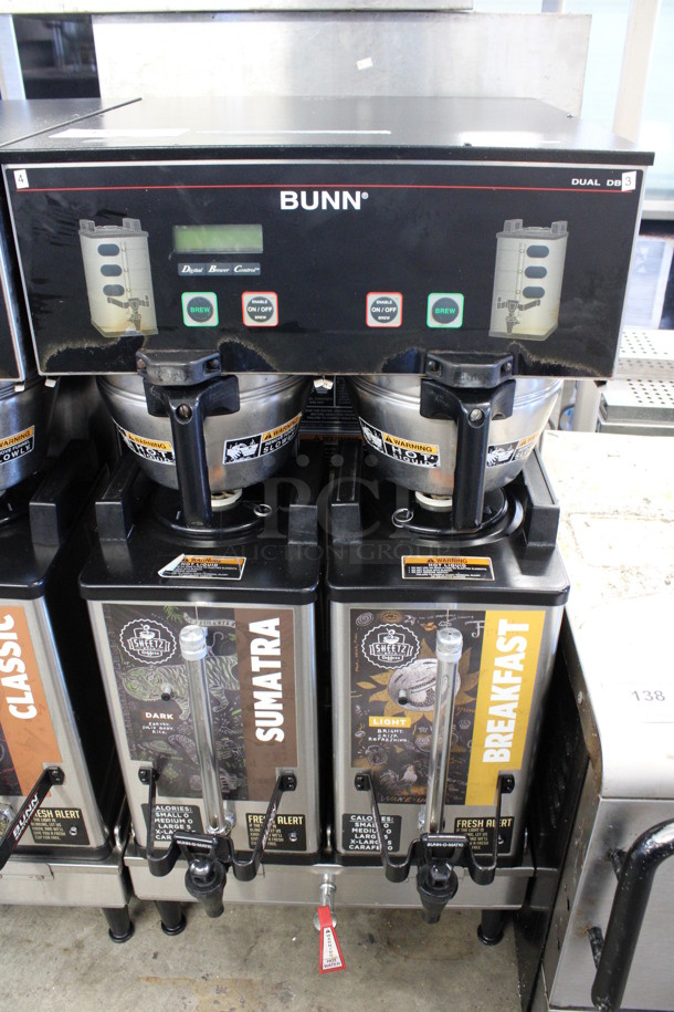 2012 Bunn Model DUAL SH DBC Stainless Steel Commercial Countertop Dual Coffee Machine w/ Hot Water Dispenser, 2 Stainless Steel Brew Baskets and 2 Bunn Model SH SERVER Satellite Servers. 120/208-240 Volts, 1 Phase. 18x24x36. Tested and Working!