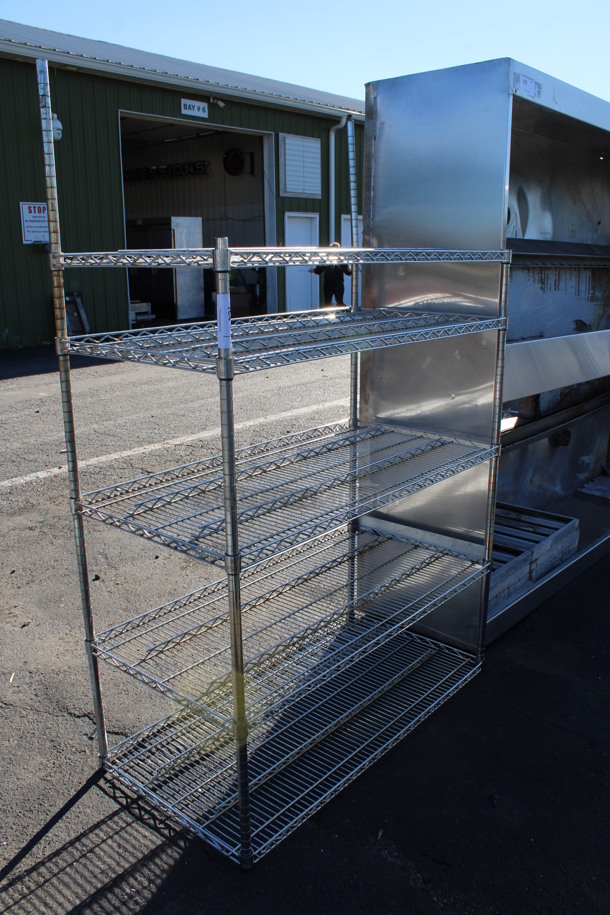 Chrome Finish 5 Tier Metro Style Shelving Unit. 2 Poles Are Longer Than The Other 2. BUYER MUST DISMANTLE. PCI CANNOT DISMANTLE FOR SHIPPING. PLEASE CONSIDER FREIGHT CHARGES. 48x24x74