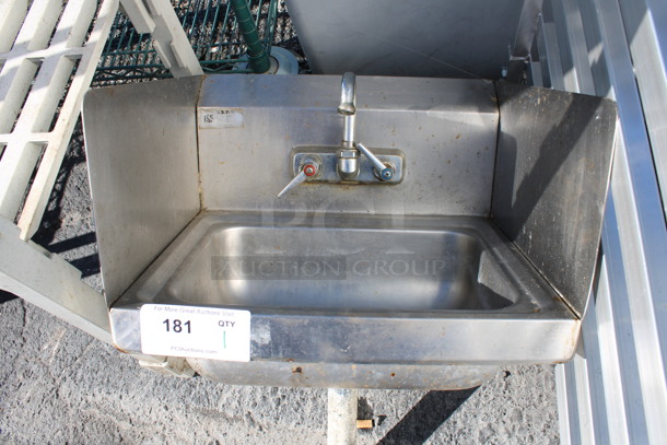 Stainless Steel Commercial Wall Mount Single Bay Sink w/ Faucet, Handles and Dual Side Splash Guards. 17x15x23