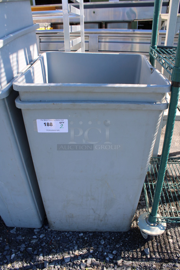 2 Gray Poly Trash Cans. 19.5x19.5x27.5. 2 Times Your Bid!