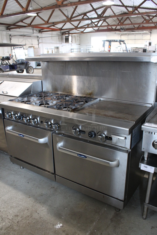 Cook Rite Model ATO-6B24G Stainless Steel Commercial Natural Gas Powered 6 Burner Range w/ Right Side Flat Top Griddle, 2 Ovens, Over Shelf and Back Splash. 60x31x57