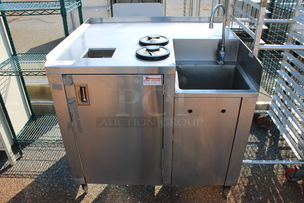 Stainless Steel Commercial Table w/ Sink Basin, Faucet, 2 In Counter Cup Dispensers and Door. 40x34x39. Bay 14x12x10