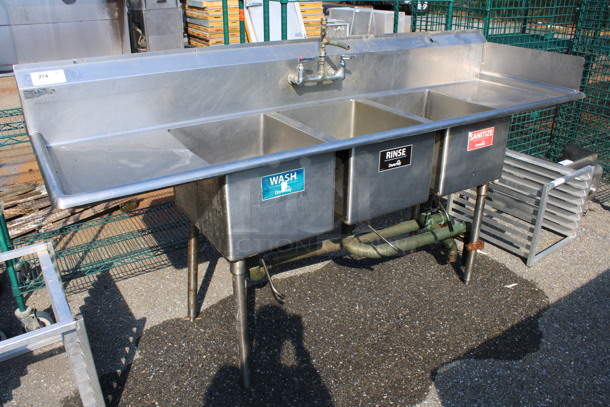 Stainless Steel Commercial 3 Bay Sink w/ Handles and Dual Drainboards. 88x26x45. Bays 16x20x12. Drainboards 17x23x2