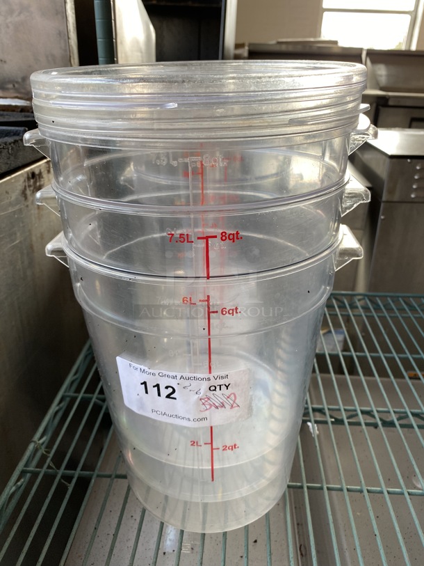 6 Clear Poly 8 Quart Cylindrical Containers w/ 6 Lids. 10x9x11. 6 Times Your Bid!