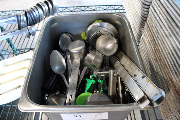 ALL ONE MONEY! Lot of Various Utensils Including Spoons and Dry Measuring Cups in Stainless Steel Half Size Drop In Bin!