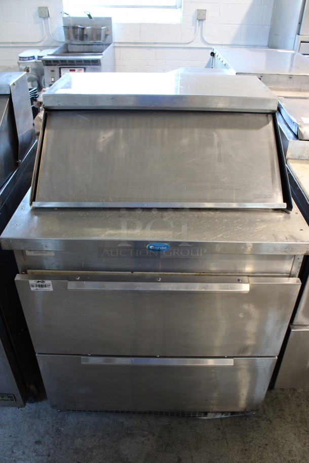 Randell Stainless Steel Commercial Sandwich Salad Prep Table Bain Marie Mega Top w/ 2 Drawers on Commercial Casters. 115 Volts, 1 Phase. 32x33x46.5. Tested and Working!