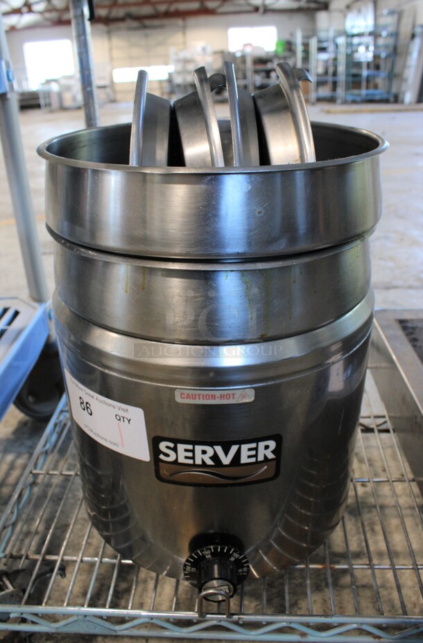 Server Model FS-11 Stainless Steel Commercial Countertop Soup Kettle Food Warmer w/ 2 Drop Ins and 2 Center Hinge Lids. 120 Volts, 1 Phase. 11.5x11.5x14. Tested and Working!