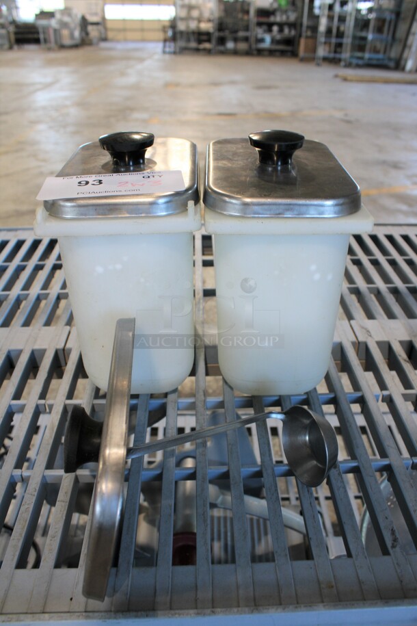 2 White Poly Bins w/ 3 Server Stainless Steel Ladle Tops. 4.5x7.5x8. 2 Times Your Bid!